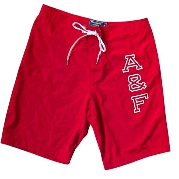 Abercrombie & Fitch Red Board Shorts Men 30 S Solid Lifeguard Swim Trunks Vtg - Picture 1 of 8